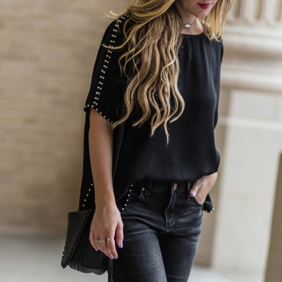 Black Studded Cutout Blouse - Picture 1 of 7